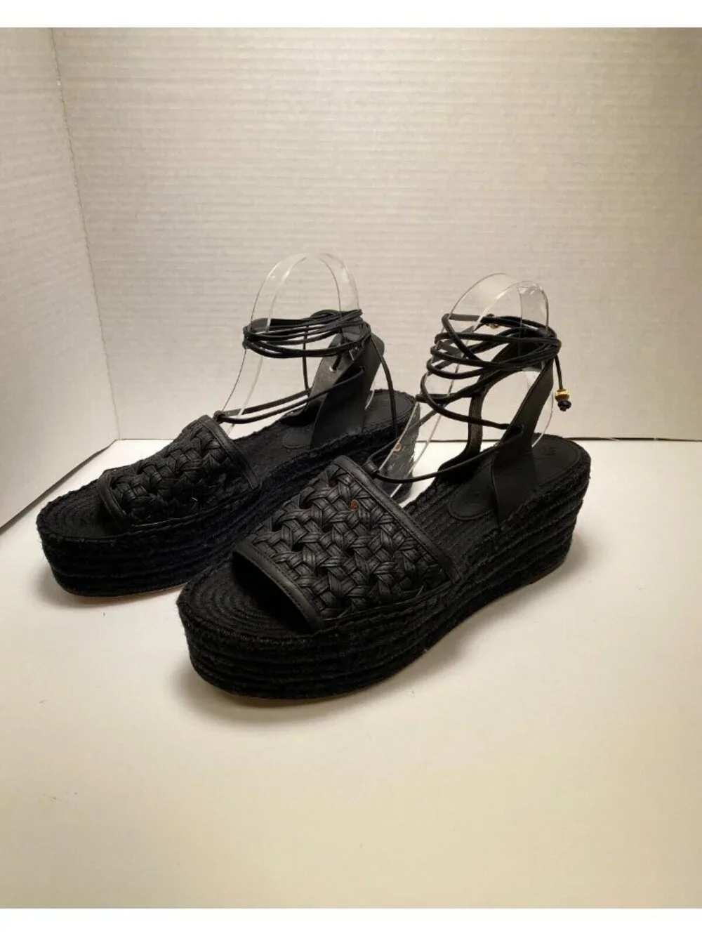 Tory Burch Women's Weave Strappy Lace up Black Espadrille Wedge Sz 11